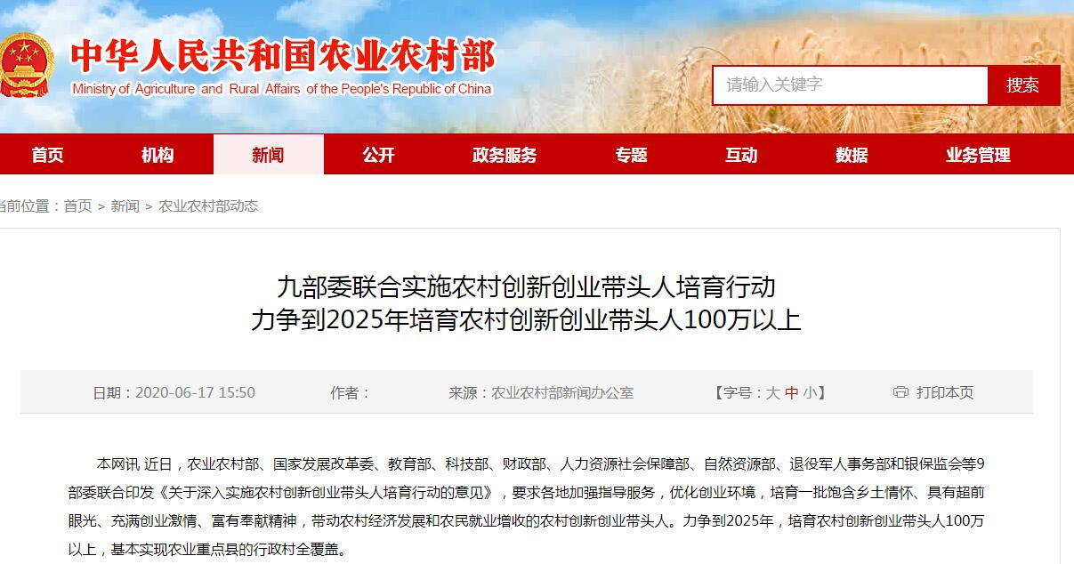 九部门：力争到2025年培育农村创新创业带头人100万以上