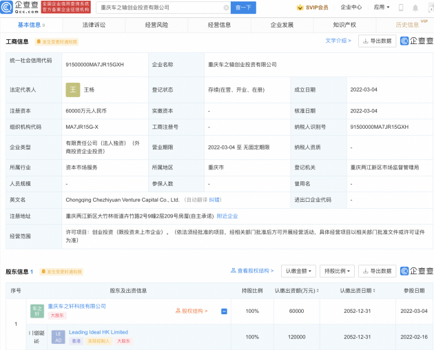 理想汽车投资成立创业投资公司 注册资本6亿元