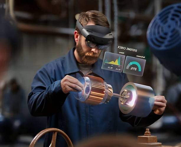 工人佩戴Microsoft HoloLens进行复杂发动机装配