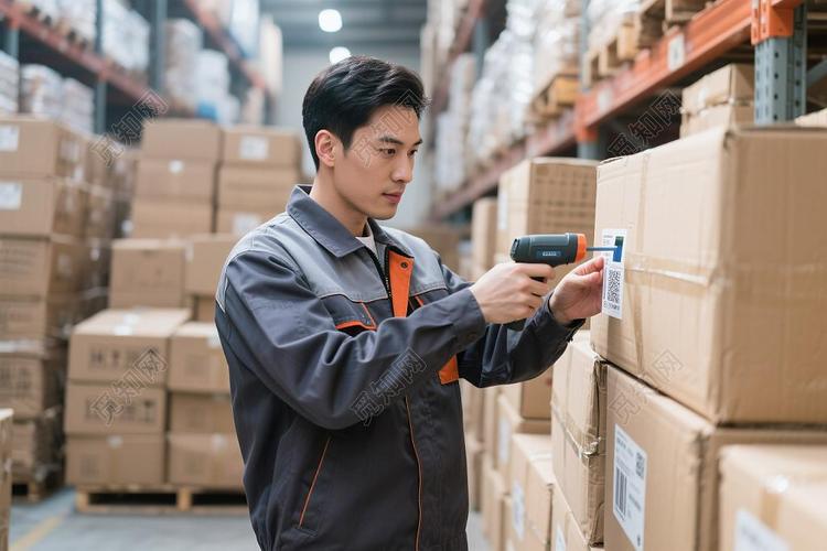 工厂仓库里工人正在用扫码枪盘点库存