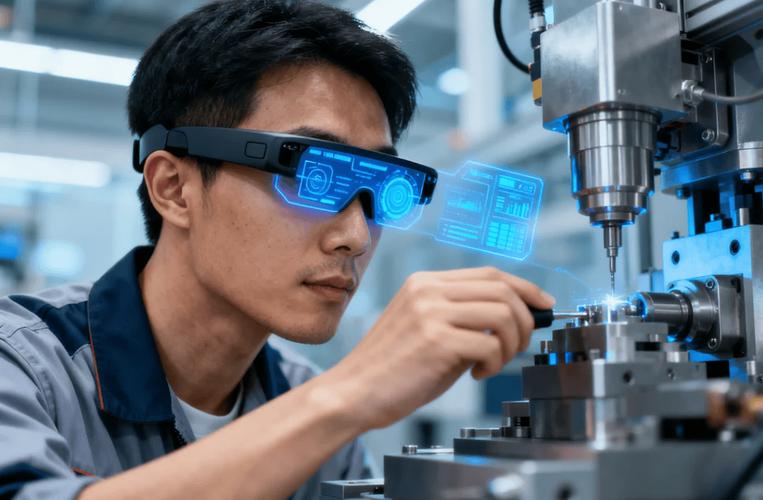 未来工厂里工人穿戴轻量级外骨骼和AR眼镜协作