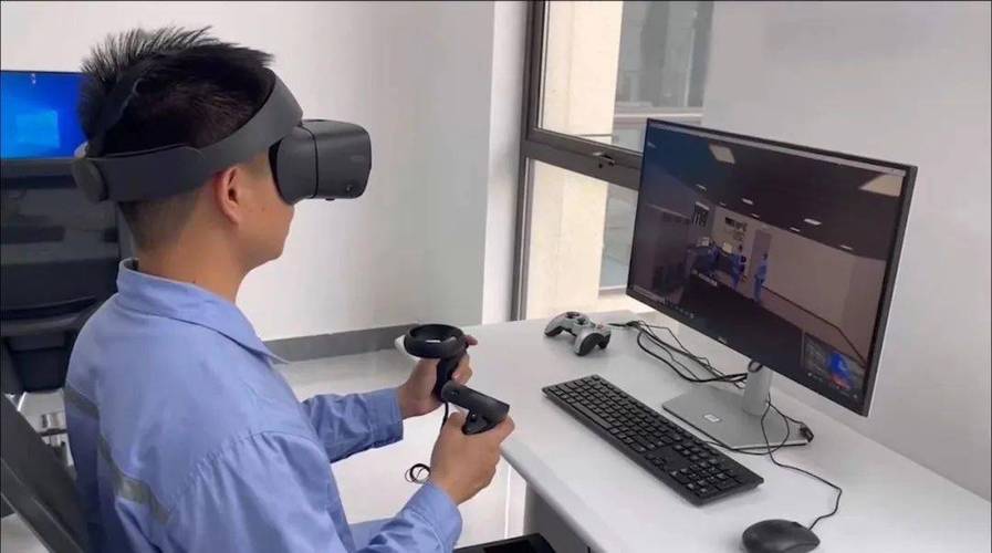 工厂车间内工人佩戴VR头盔进行设备操作仿真训练